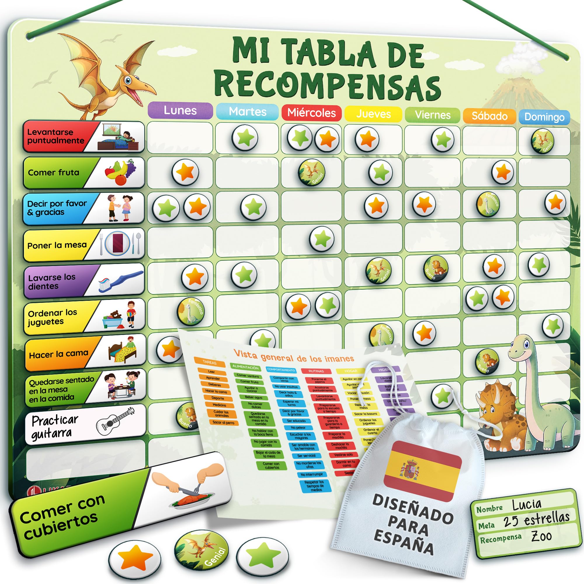 LIKARTO Tabla de Recompensas para Niños - Pizarra magnética con muchas tareas y 280 imanes - Inspira el buen comportamiento - Calendario educativo infantil - Verde