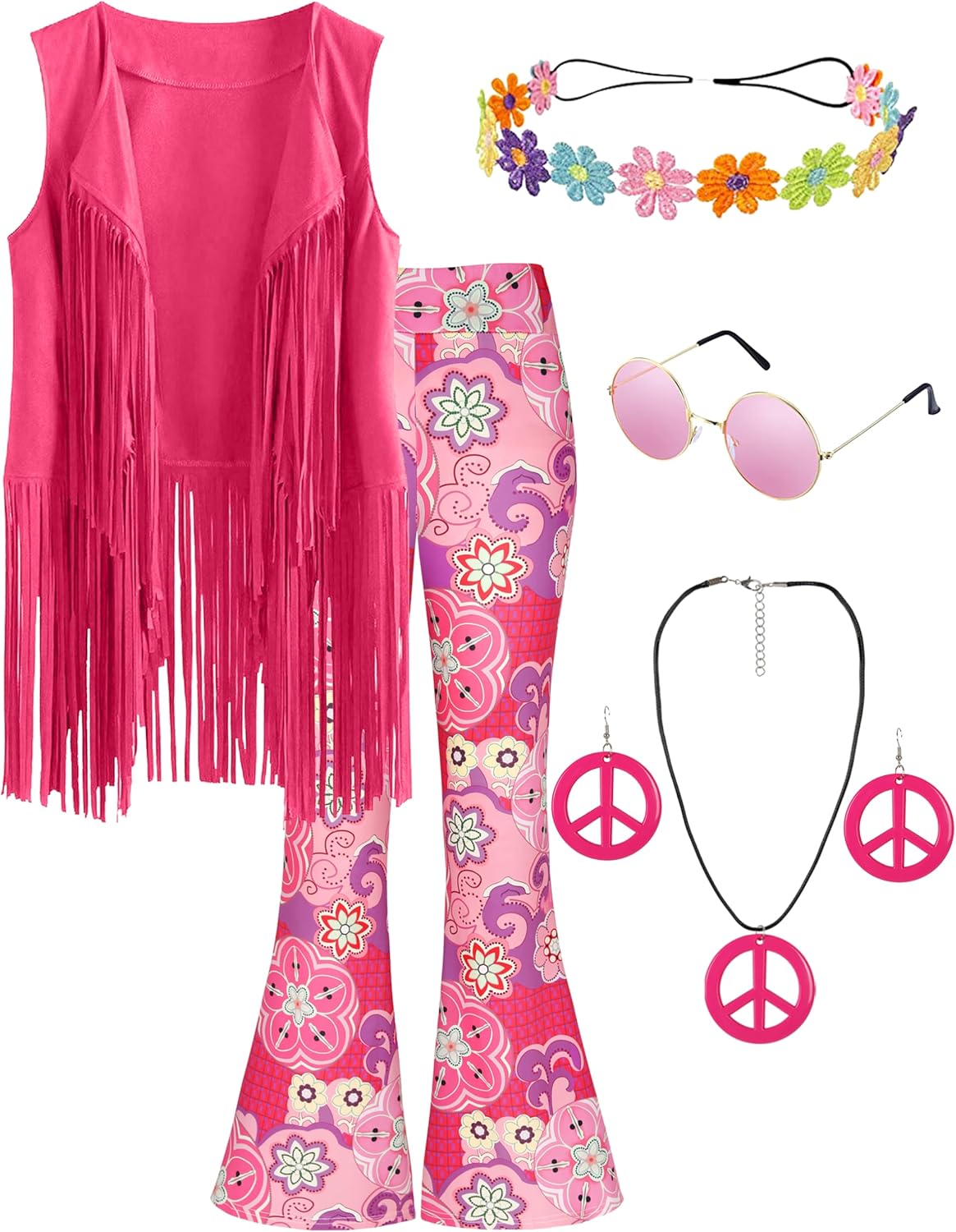 CICOCI 60s 70s Outfit For Women Hippie Costume 8pcs Fringe Vest Flared Pants Costume Peace Sign Necklace Earrings