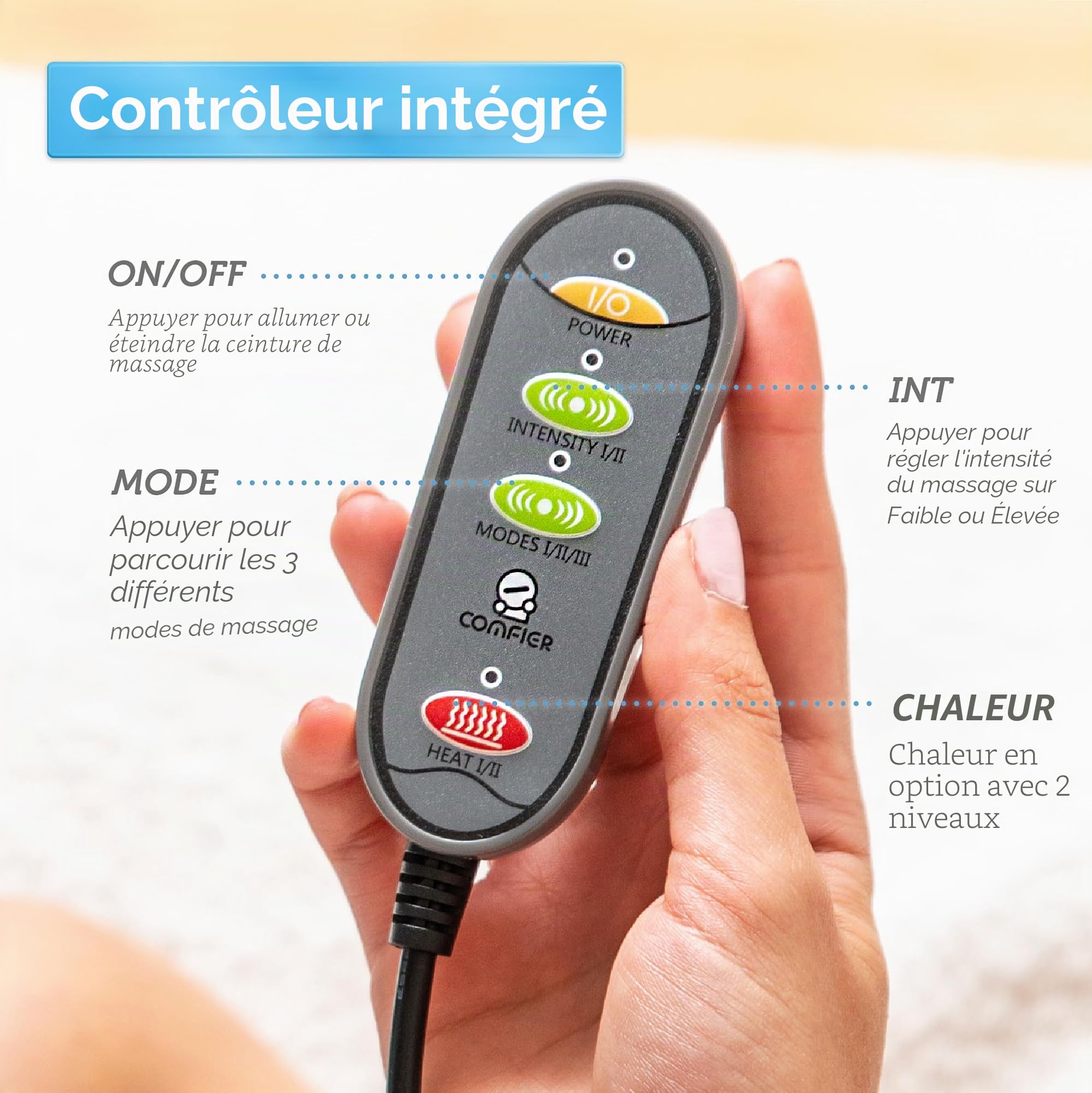 COMFIER Ceinture chauffante vibrante pour le dos, 147 x 22 cm, ceinture chauffante avec 2 niveaux de chaleur et 3 modes de massage, coussin chauffant électrique avec arrêt automatique