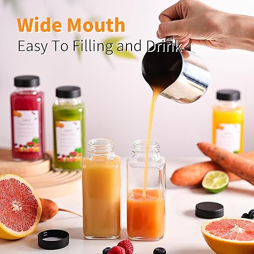 Miniatura 4 de Paquete de 8 botellas de vidrio de 8 onzas con tapas negras y 32 etiquetas, recipientes reutilizables de almacenamiento de jugo de viaje, tarros de