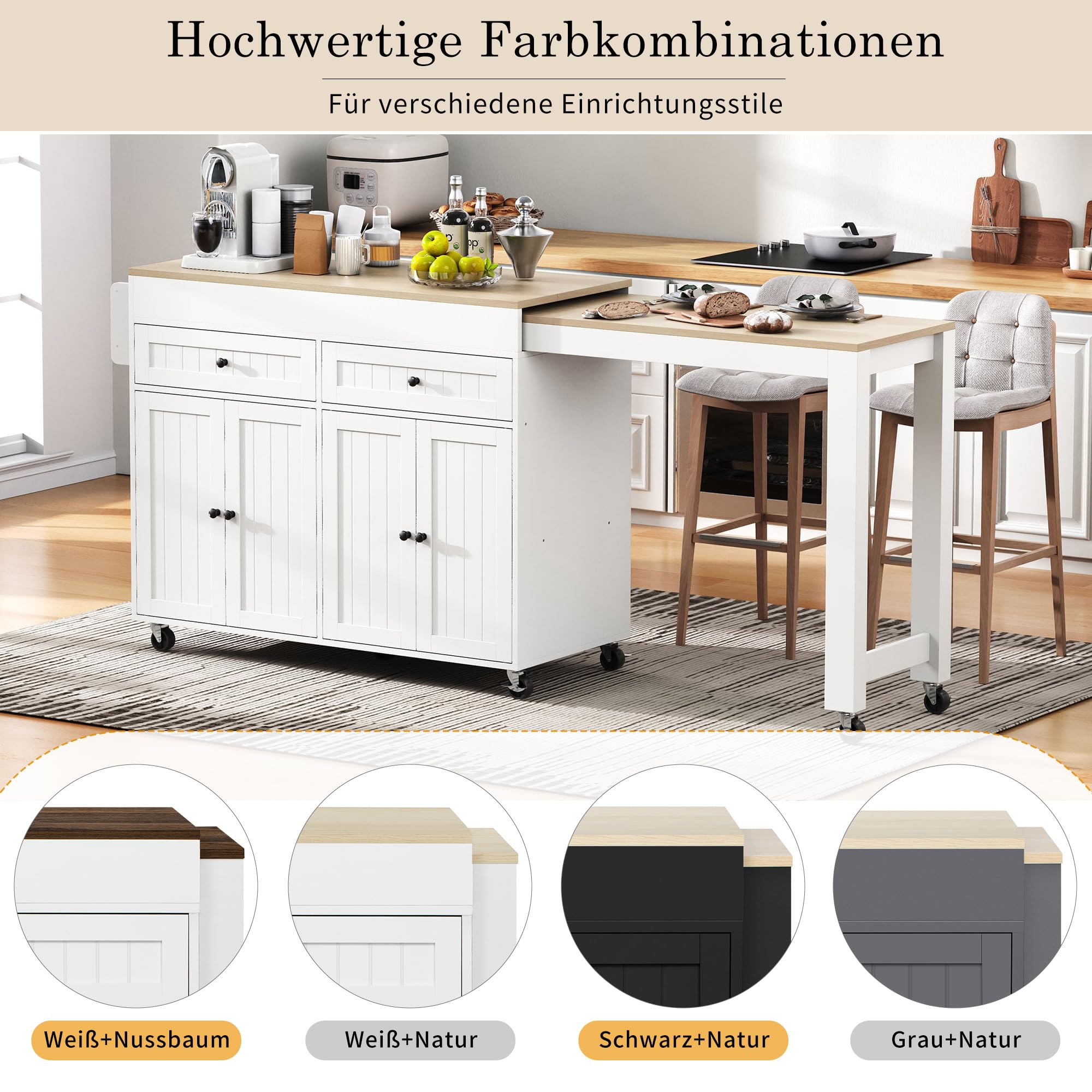 Îlot de cuisine sur roulettes avec 2 tiroirs, 4 portes, plan de travail extensible, table de bar extensible avec espace de rangement, table extensible, pour 2 à 6 personnes, chariot de cuisine