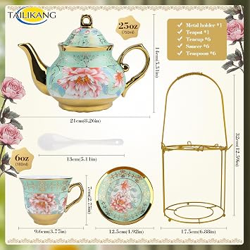 20 Pcs Porcelain Tea Cup Set with Teapot,Tea Cups and Saucers Set of 6, 750ML Teapot,180ML Teacup with Vintage Flower Painting for Women Tea Party Wedding,Tea Gift Sets for Home&Party