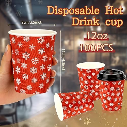 Miniatura 8 de 100 tazas de Navidad con tapa, tazas de café desechables de 12 onzas a granel, tazas de papel de pared onduladas aisladas, tazas de té navideñas