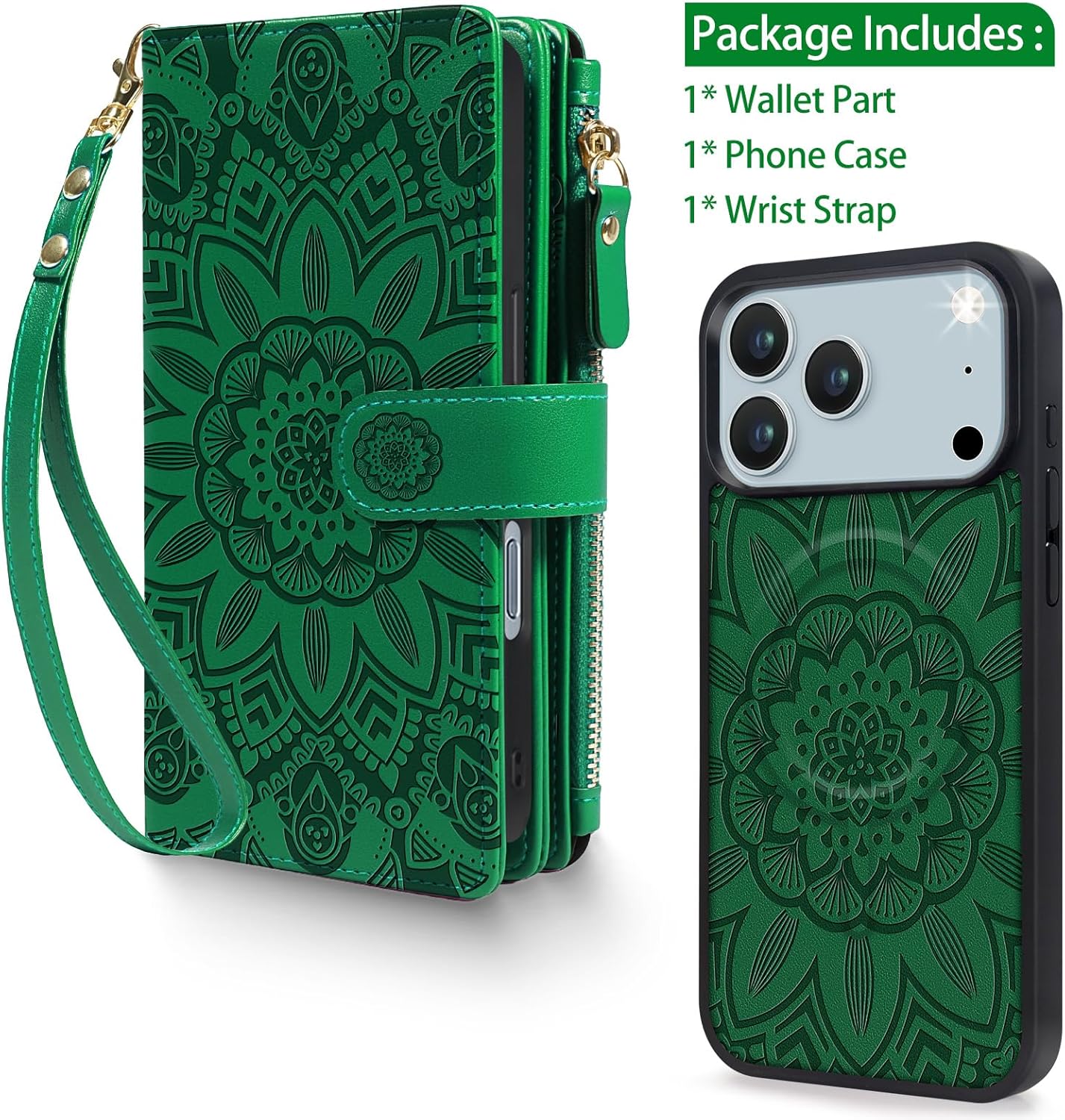 Harryshell 2 in 1 for iPhone 17 Pro Wallet Case Magnetic Compatible with Magsafe RFID Blocking Card Holder Detachable Phone Cover Zipper Purse Kickstand Wrist Strap for Men Women Floral Green - Image 7