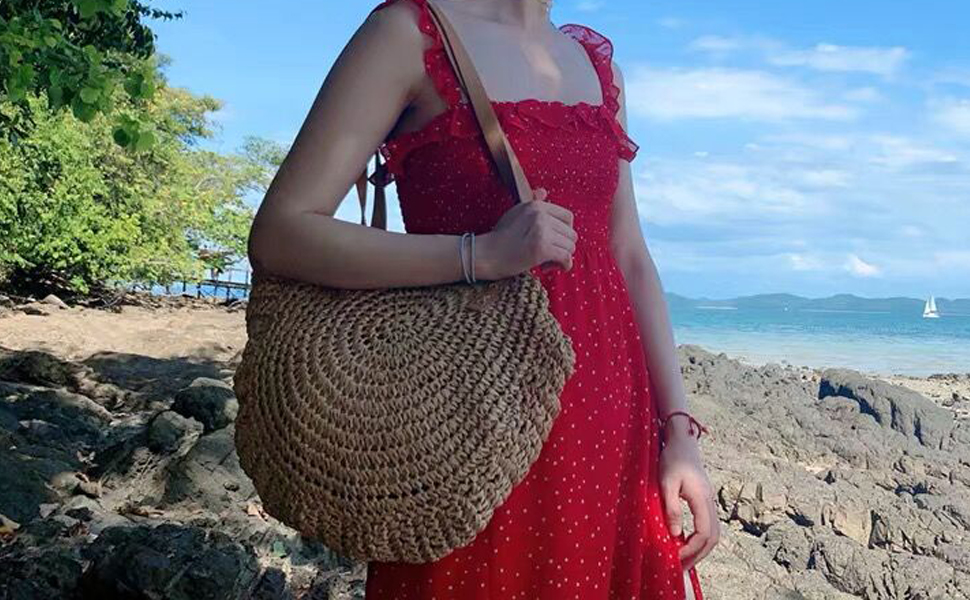 Bolso De Mano De Paja Para Mujer, Para Verano, Playa, Grande, De Paja, Tejido A Mano, Redondo, De Ratán, Caqui Claro), USGEPYW236838