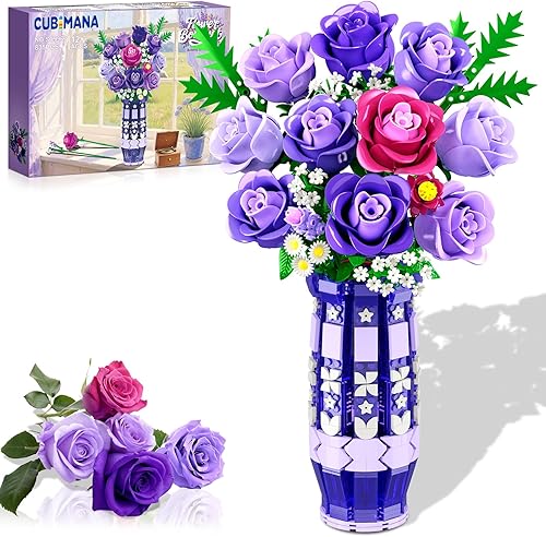 Juego de construcción de flores de rosas moradas con jarrón y luz LED, 17 mini ramos de flores de bloques de construcción, flores artificiales para