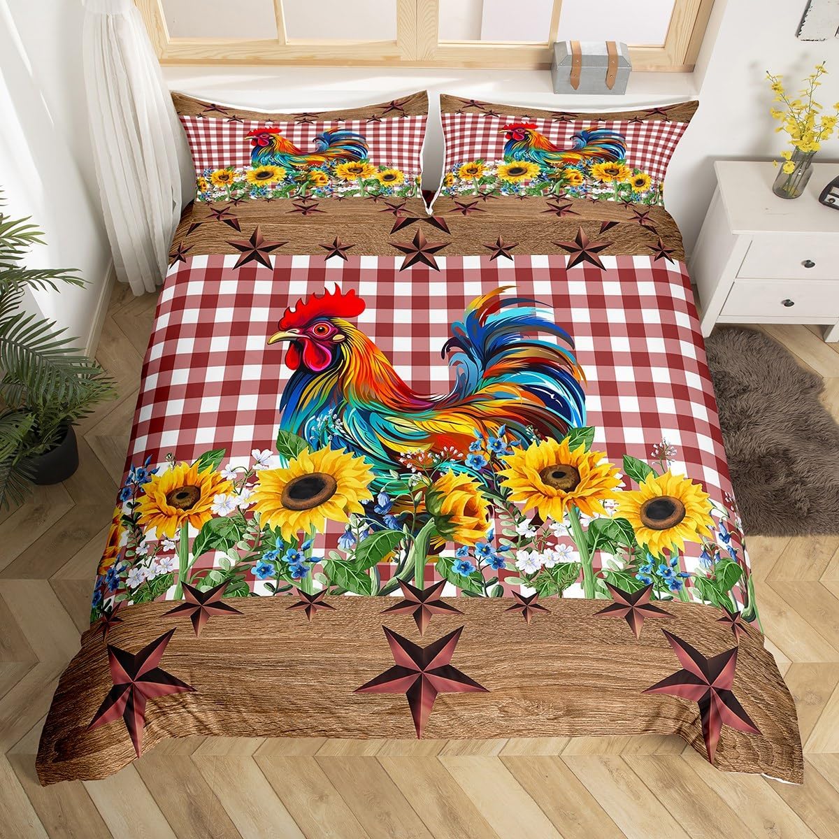 Farm Sunflower Chicken Bedding Set Twin Rustic Farmhouse Animal Duvet Cover for Kids Teen Adults Retro Country Buffalo Plaid Comforter Cover Western Texas Stars Bed Set Red Brown 1 Pillow Case