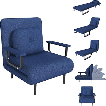 Convertible Sleeper Chair, 3-in-1 Folding Sofa Bed with 5-Position Adjustable Backrest, Space-Saving Single Chair Bed for Living Room, Bedroom & Apartment, Office,Blue