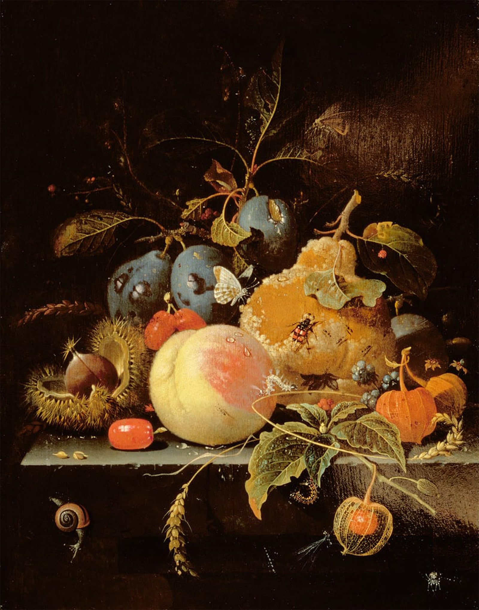 POSTERIIk Vintage Art Print Images Pictures Print Still Life of Fruit and Nuts on a Stone Ledge by Abraham Mignon Modern Colour Posters for Office Home Decor 60x90cm