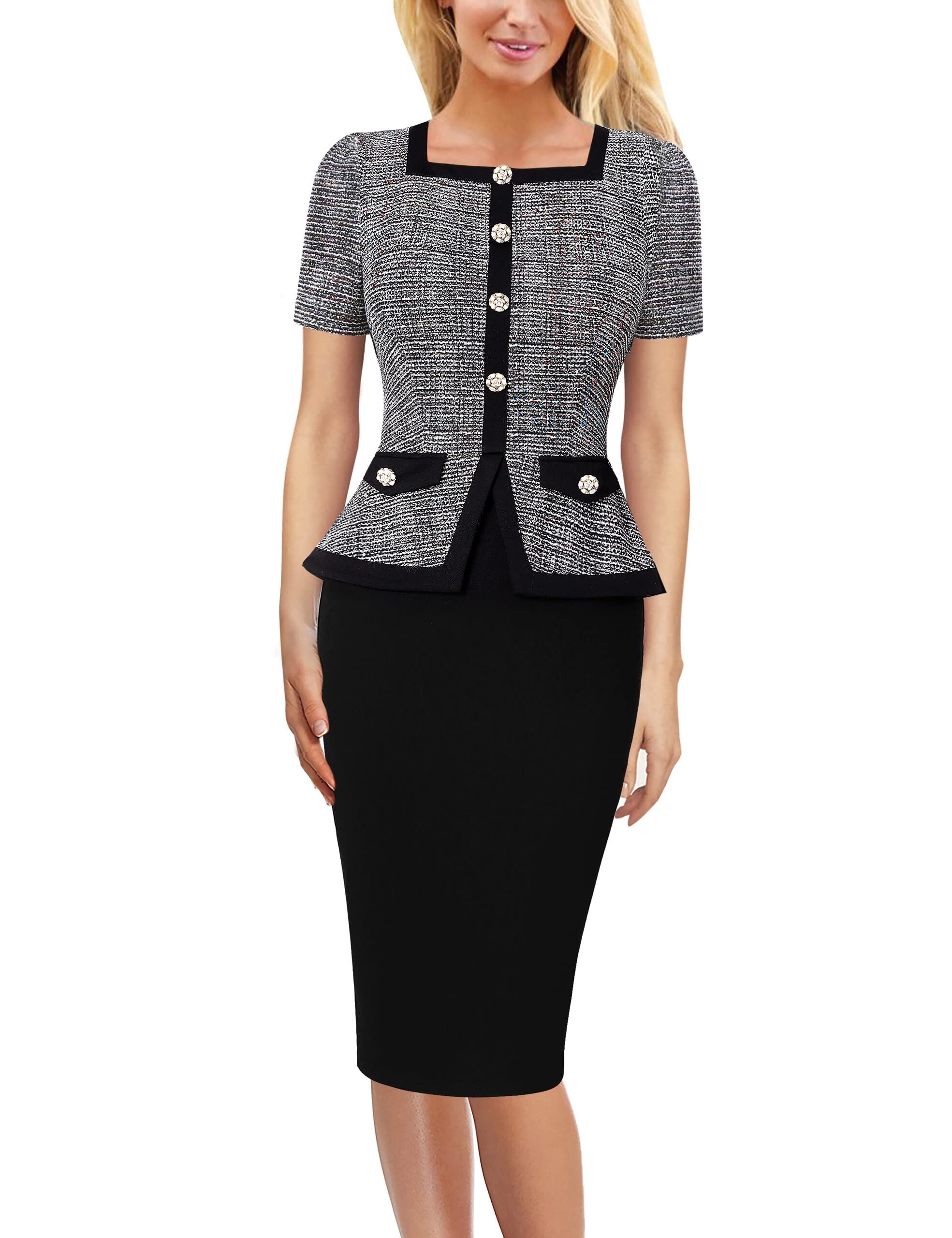 VFSHOWVFSHOW Peplum Work Dress Square Neck Buttons