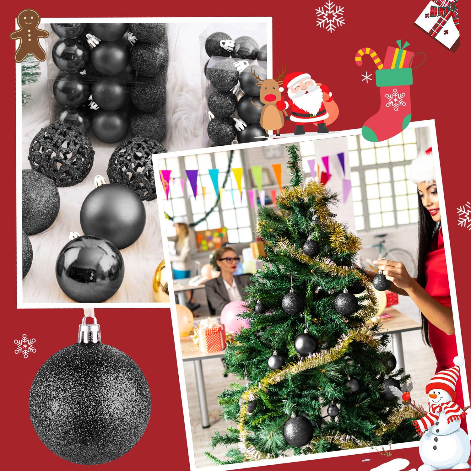 Taeku Palline di Natale Set, 100Pcs Plastica Addobbi Natalizi Palline Decorative Infrangibili Baubles di Natale con Ganci per Feste di Matrimoni e Natale (Nero)