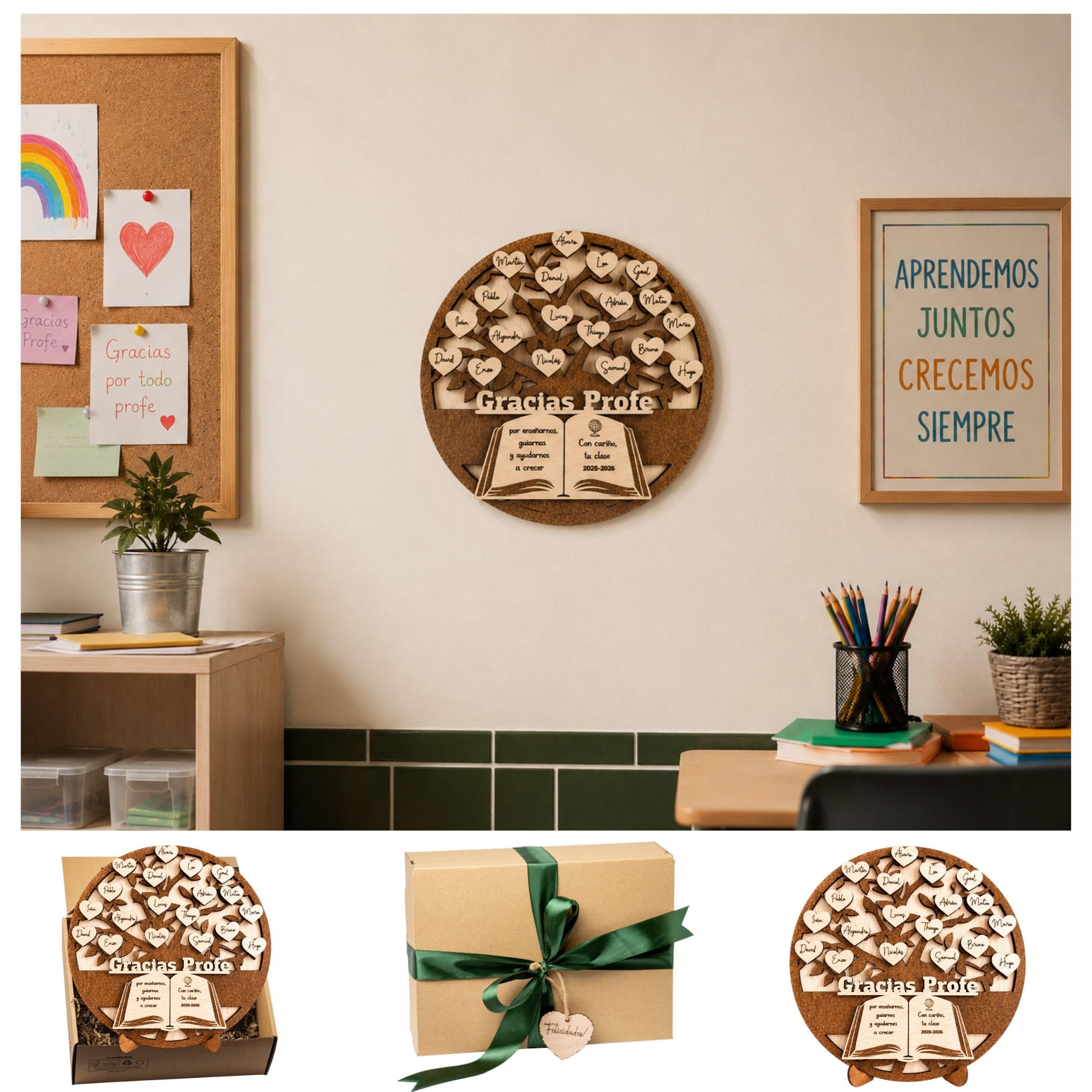 Regalo Profesora Personalizado Árbol Gracias Profe con Nombres de Alumnos | Profesor Fin de Curso|Regalo Profe Original de Madera|Profesores Infantil Primaria Guardería|Olesea (Regalo Profesora)