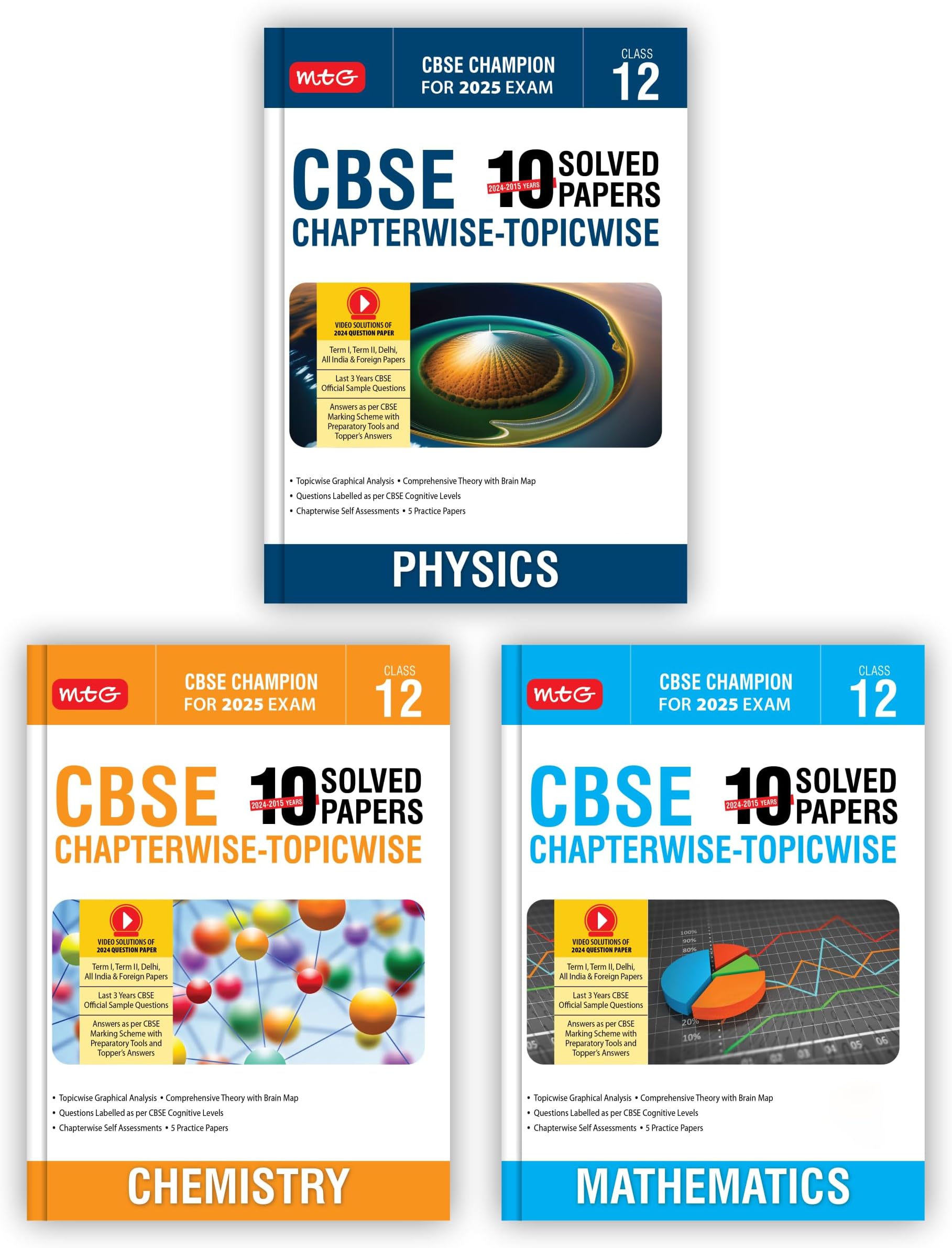 MTG CBSE 10 Years (2024-2015) Chapterwise Topicwise Solved Papers With Question Bank Class 12 Physics, Chemistry, Mathematics (Set of 3 Books) - CBSE Champion For 2025 Exam | Video Solution of PYQs