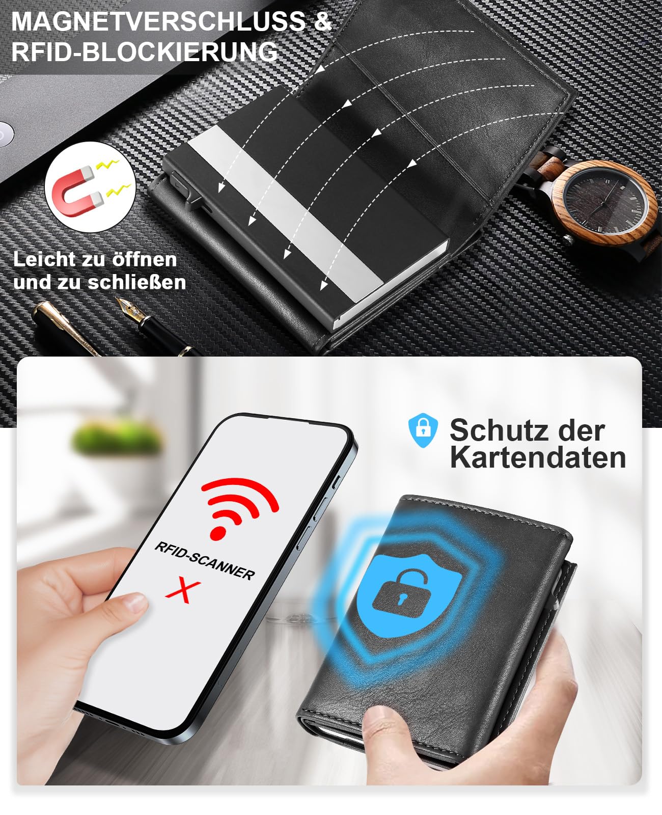 UNOSEKS Portafoglio da uomo – Portafoglio da uomo con protezione RFID, sottile portafoglio con scomparto per monete, Smart Wallet, Nero