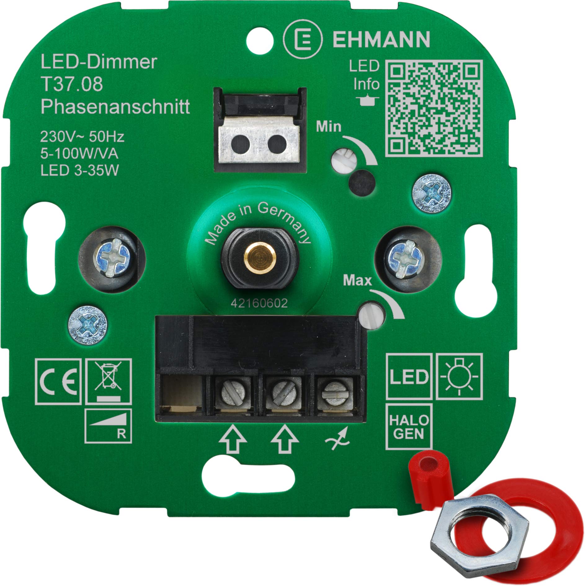 EHMANN Variateur électronique encastrable 3700 x 0800 T37.08 - Découpe de phase - 230 V - 50 Hz - Puissance : LED 3-35 W - 5-100 W/VA - Adaptateur de programme d'interrupteurs inclus