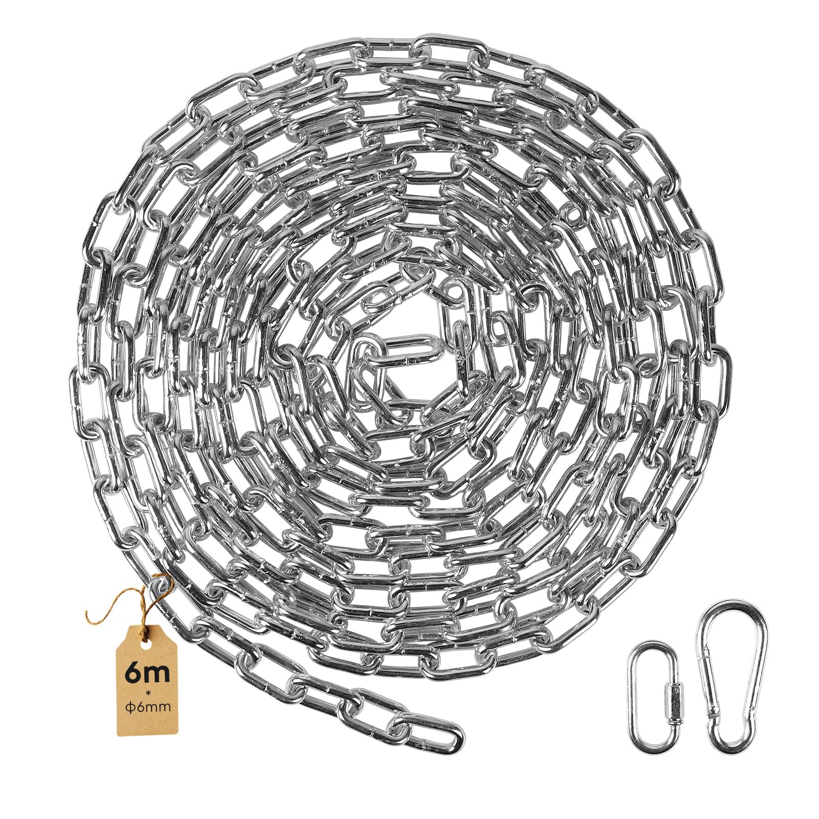 SWAWIS 6m Stahlkette aus Kohlenstoffstahl 6mm Starke Metallkette mit M6 Karabinerhaken und Schnellverschlussringe Oberfläche Verzinkt Gliederkette für Absperrketten Schaukeln Hängesessel(Silber)
