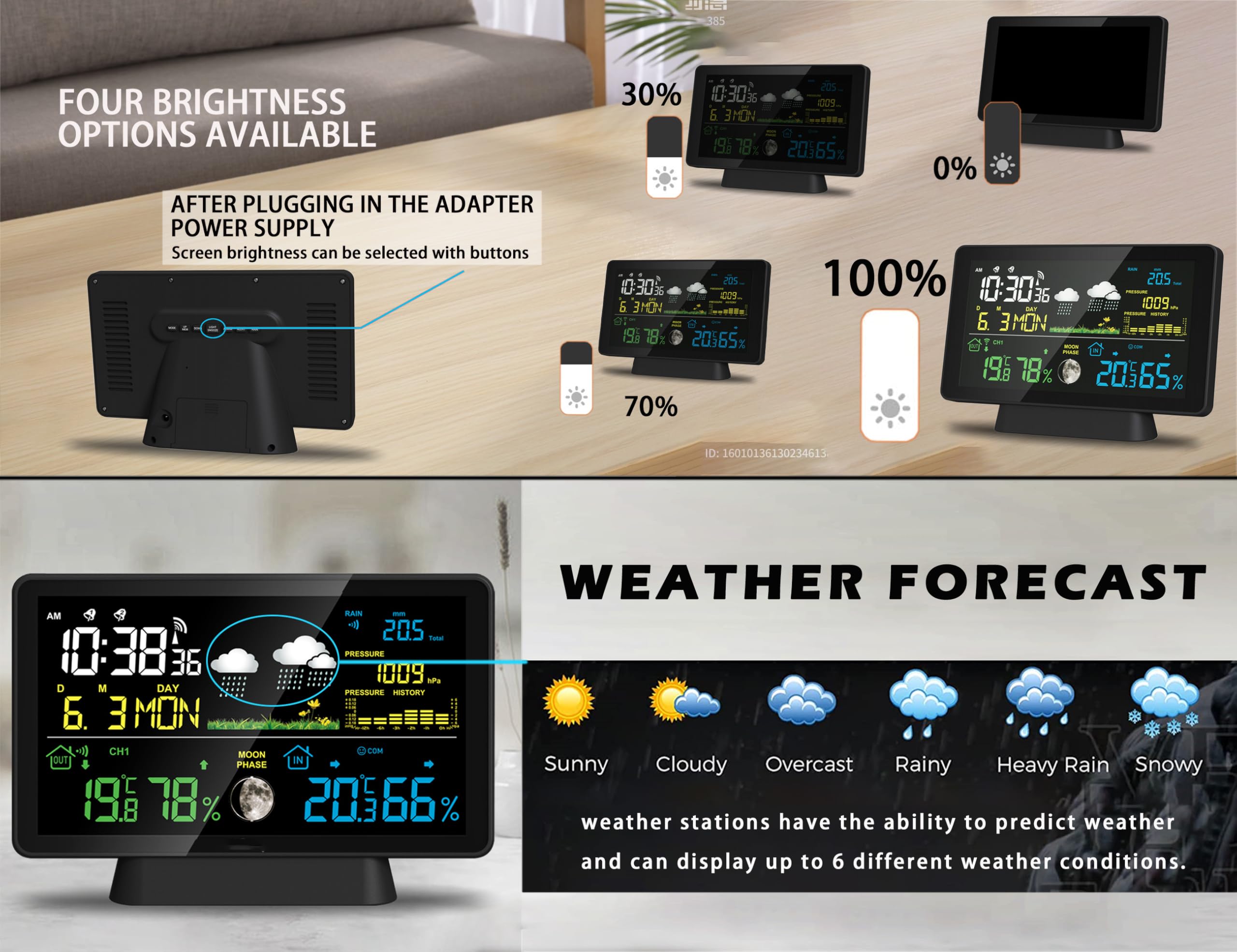 Stazione meteo wireless per interni ed esterni con pluviometro, stazione meteo domestica con termometro, orologio atomico, monitoraggio dell'umidità, previsioni meteo e barometro, pluviometri digitali