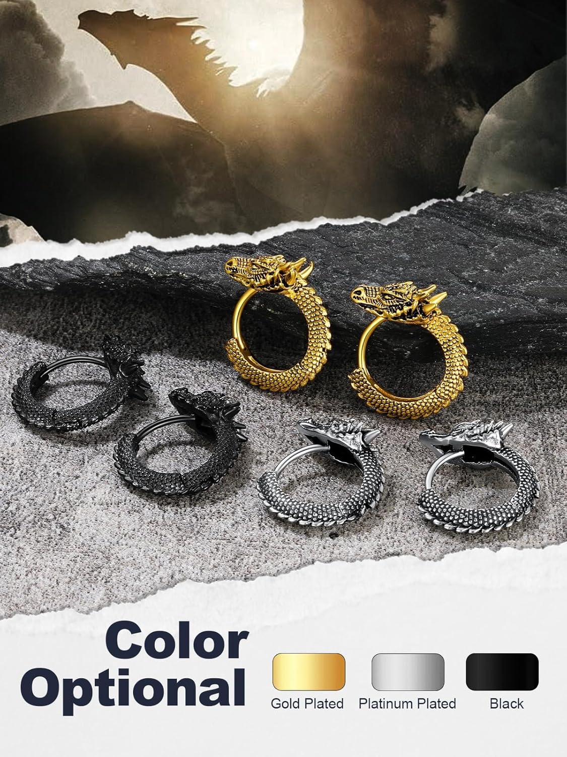 U7 Dragon Earrings Stainless Steel/18K Gold/Black/S925 Sterling Silver Hoop Earrings for Men Women, Personalized Punk Rock Huggie Earrings, Hypoallergenic - Image 6