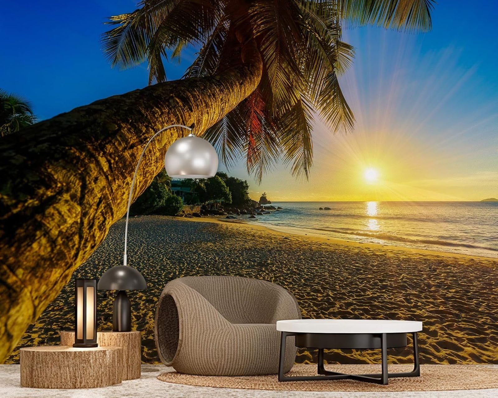 hgjdjhnf Photo Wallpaper Sunset Beach Palm Tree Sea Non-Woven ModernLiving Room Bedroom Children's RoomDecoration Motif Wallpaper,250cmx175cmSticker - Background- Painting - Poster