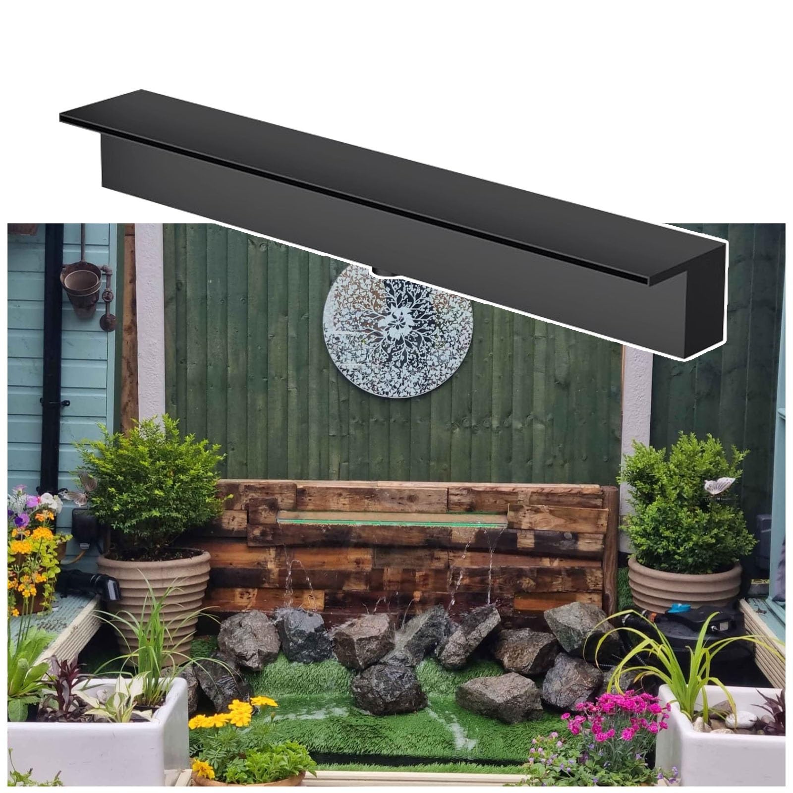 Déversoir en Acier Inoxydable pour bassins et Jardins extérieurs, 38 cm (15 po), Noir, élément décoratif Durable et élégant, idéal pour Les Cascades.