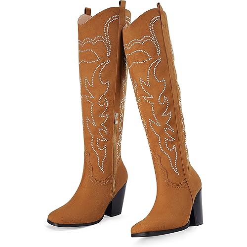 Womens Cowboy Boots Knee High Western Boots Embroidered Pointed Toe Chunky Heel Pull On Cowgirl Boots for Autumn Winter Spring