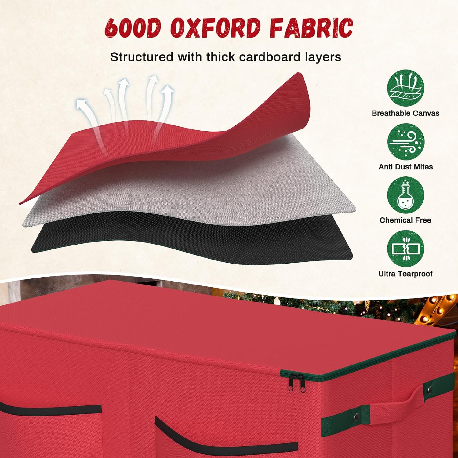 Christmas Ornament Storage Box with 8 Stackable Trays, Holds 128 Ornaments, Foldable Vertical Organizer with 3 Pockets, 600D Oxford Fabric, for Closet Attic Basement Storage