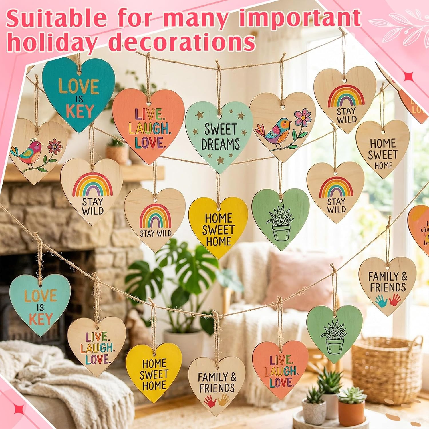 Qunclay 100 Pcs Natural Wooden Hearts Ornaments for DIY Crafts 3.15 Inch Blank Unfinished Predrilled Heart Slices with Hemp Rope for Father's Day Wedding Home Front Door Decor