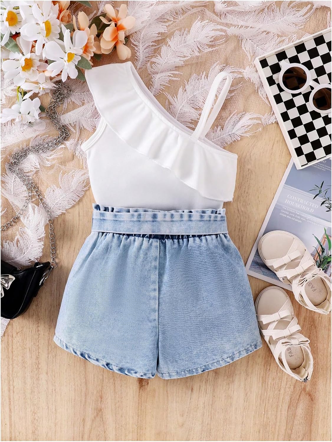 GORGLITTER Girl's Jeans Shorts Sets Summer Vacation Outfits 2 Two Piece Ruffle One Shoulder Tops and Bow Demin Sets