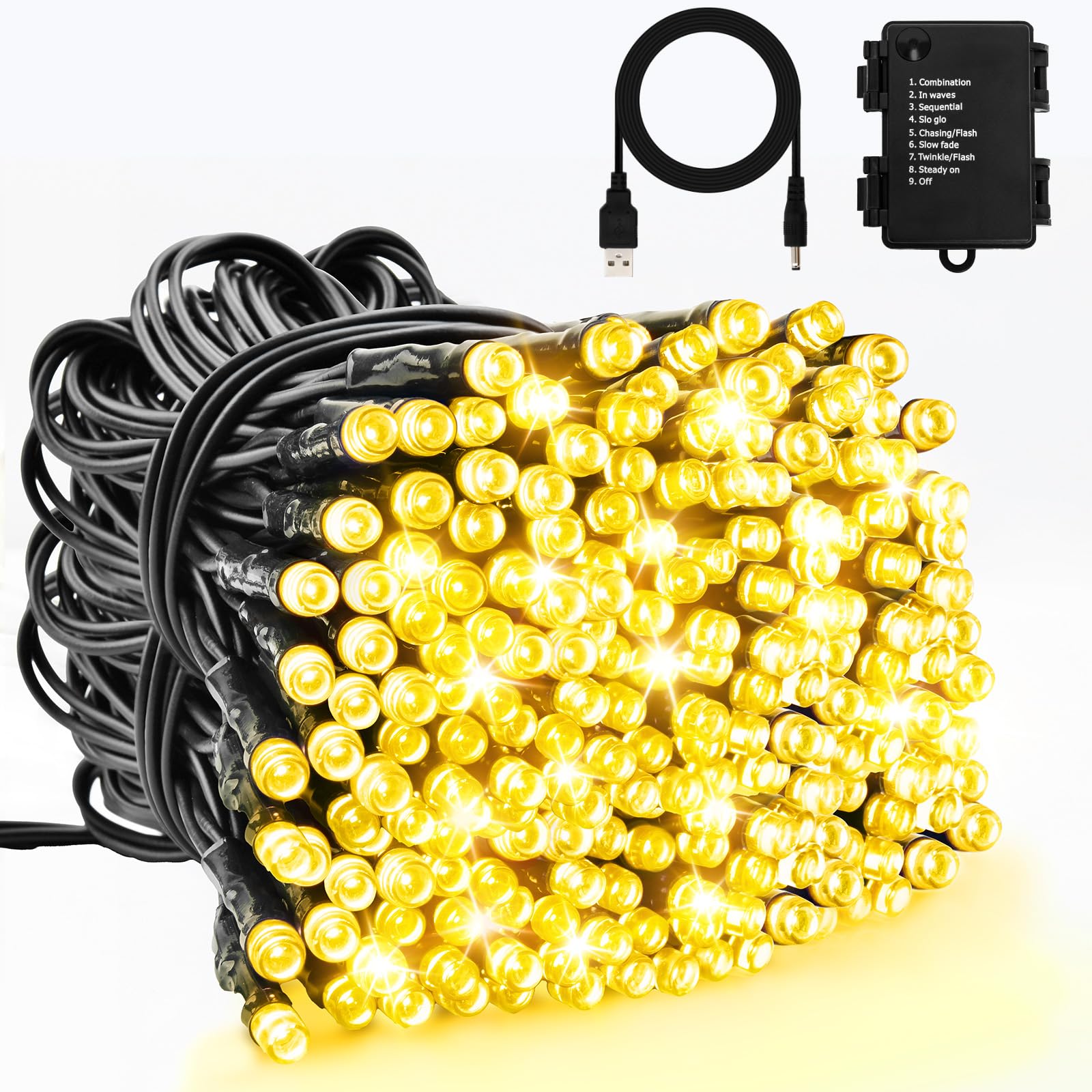 Dalugo Lichterkette Außen Batterie, 10M 100 LED USB Lichterkette mit Timer, 8 Modi, IP65 Wasserdicht Warmweiß Weihnachtsbeleuchtung Außen für Christbaumschmuck, Garten Deko, Schwarzem Kabel