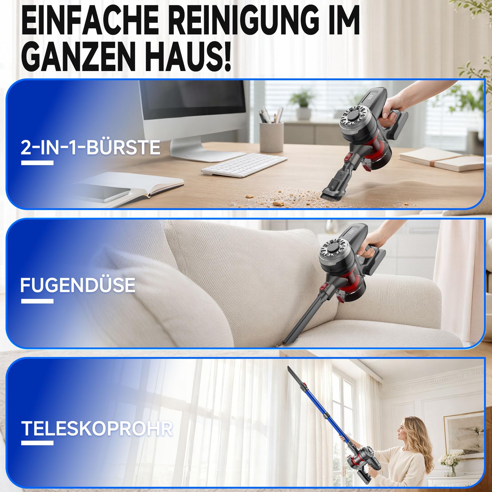 Akku Staubsauger Kabellos, 50kPa/50min, Anti-Tangle, Leichtbau, Gruine LED | 180° Lay-Flat Design, 1,6 L Staubsauger, Ultraleise, Mehrstufige Filtration, Umfangreiches Zubehör, für Tierhaare/Hartböden