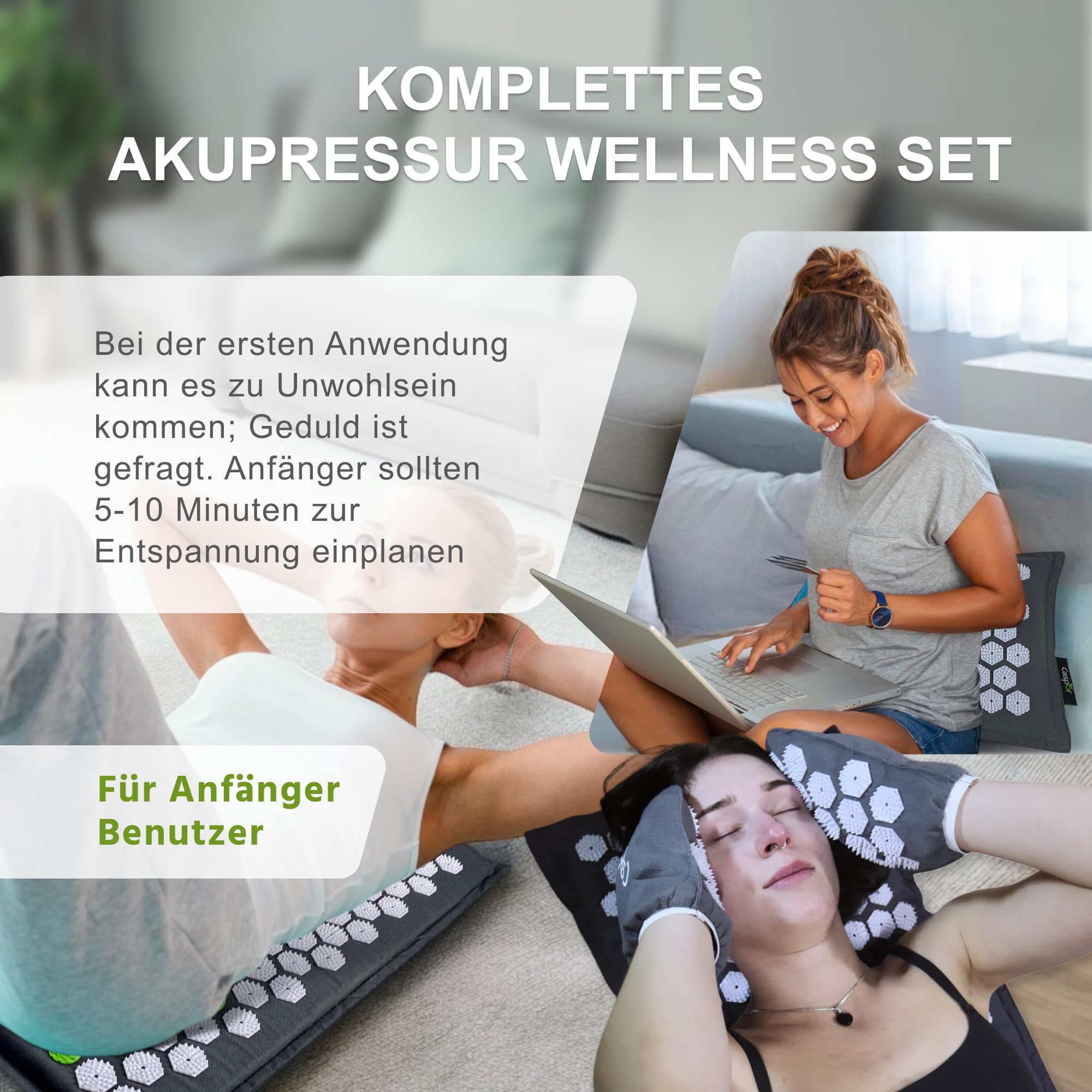 Premium Akupressur-Bundle: Matte & Kissen Set inkl. 6 Massage-Ringe (3 Größen) & Handschuhe – Öko-Leinen & Kokosfaser – Schmerzlinderung & Entspannung für die ganze Familie