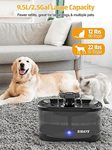 Miniatura 2 de SIBAYS Fuente de agua para perros de 2.5 gales9.5 L, 3 modos de flujo, fuente de agua para mascotas, dispensador de agua para perros con filtro
