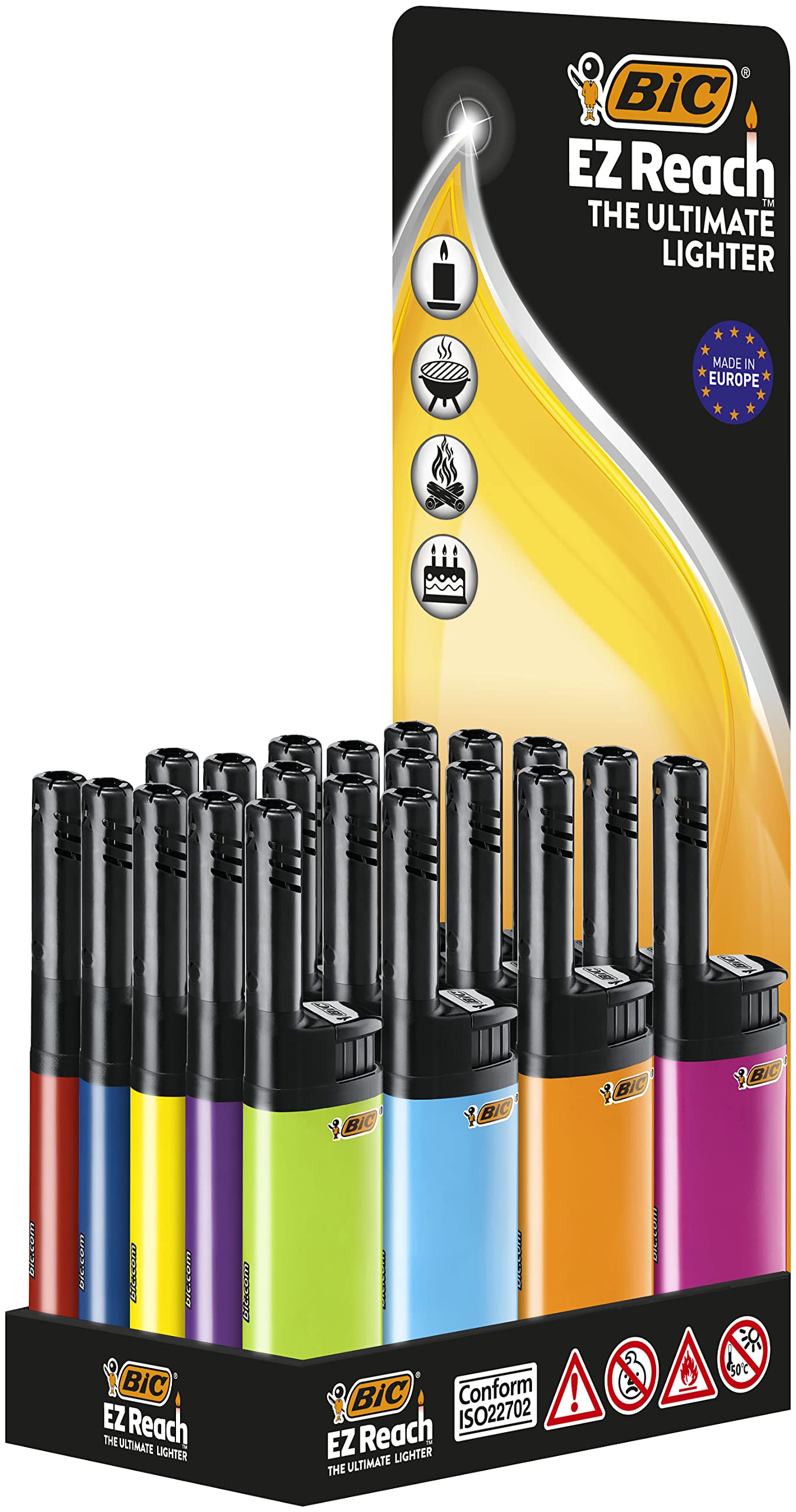BICEZ Reach Utility Lighters with 3.5 cm Wand, The Ultimate Lighter' Produces up to 900 Lights perfect for Candles, Gas Cookers & BBQs - Tray of 20 in Assorted Colours