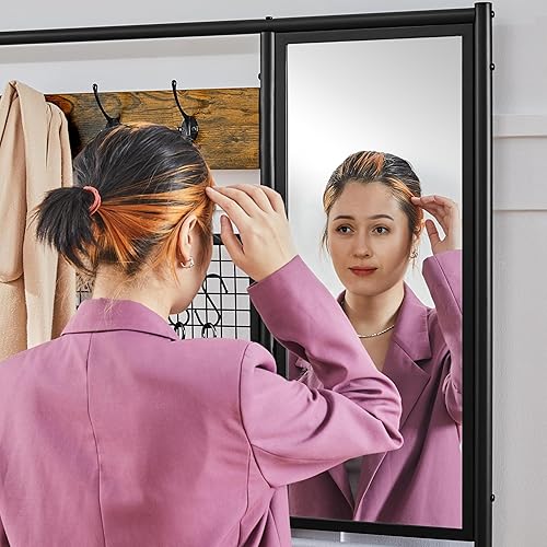 Miniatura 9 de Yaheetech Árbol de pasillo con banco de zapatos, perchero con espejo y bolsa de almacenamiento, banco de entrada con estantes de almacenamiento de