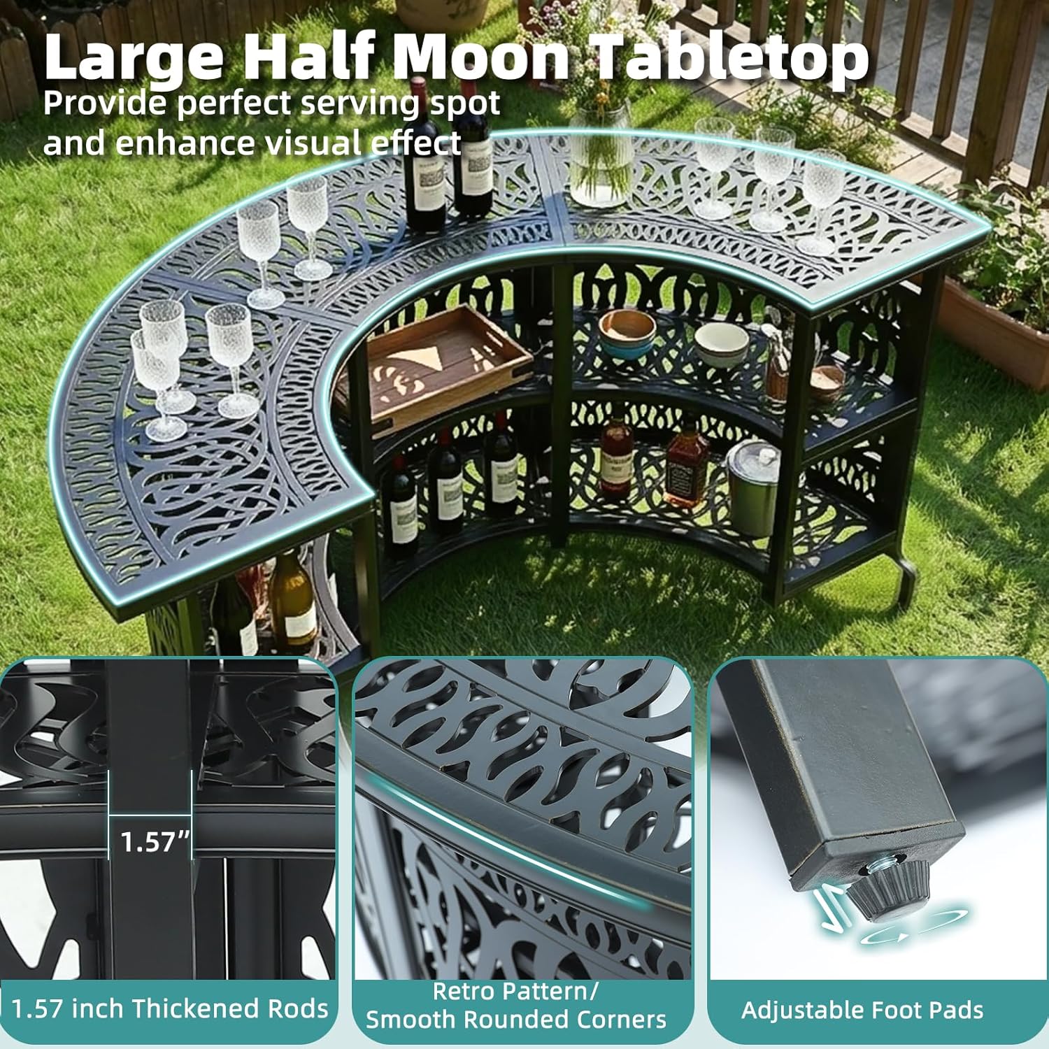 MEETWARM Large 3-Tier Half Moon Outdoor Bar Table, All-Weather Cast Aluminum 75" Patio Party Bar Table with Storage Shelves, 220 LBS Heavy Duty Patio Counter Table High Top Dining Table Home Bar Unit