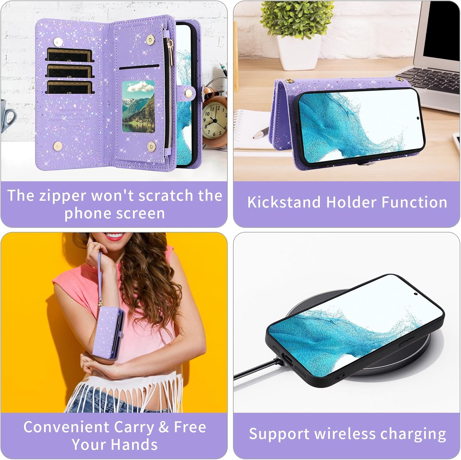 Asuwish Phone Case for Samsung Galaxy S22 5G Zipper Wallet Magnetic Detachable Cover with Screen Protector and Glitter Card Holder Slot Stand Cell Accessories S 22 22S 4G G5 6.1 inch Women Men Purple
