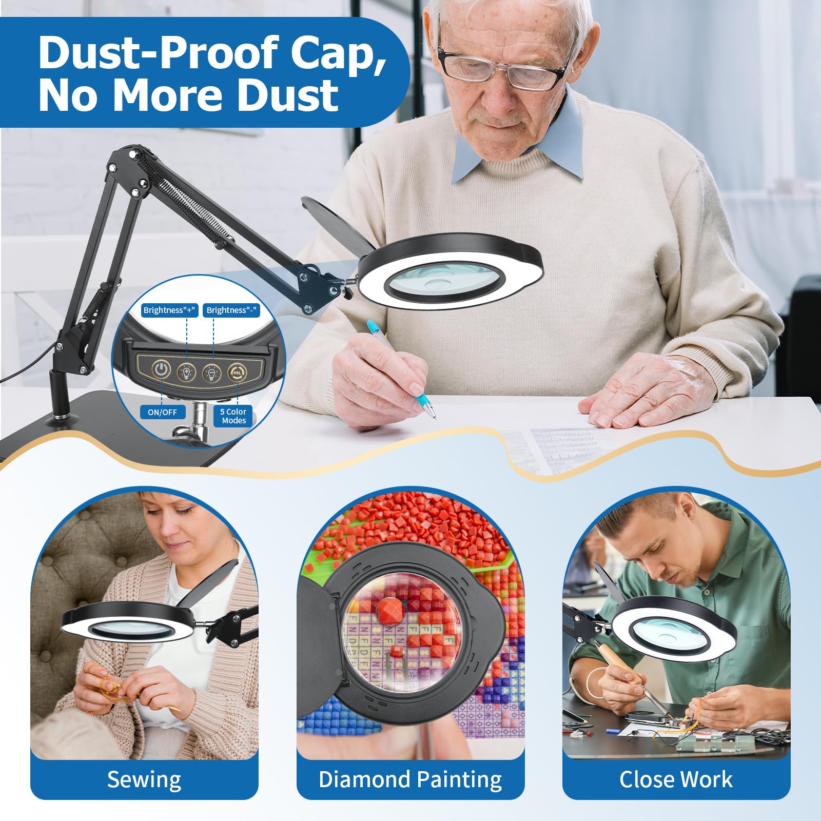 Loupe 15X 30X avec lumière et support, lampe de bureau LED avec base et pince, 5 modes de couleur, 10 niveaux à intensité variable, loupes mains libres pour la lecture, le travail rapproché