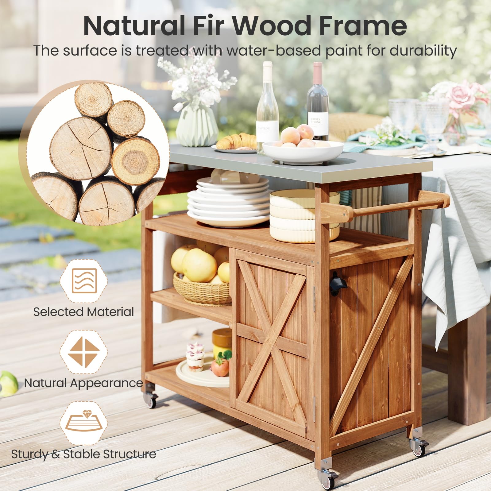 KOMFOTTEU Carro de Barbacoa de Madera Maciza, Carrito Auxiliar con Encimera de Acero Inoxidable, 4 Ruedas, 3 Estantes Abiertos, Armario con Puerta, Carro para BBQ con Especiero, 118 x 47 x 92 cm