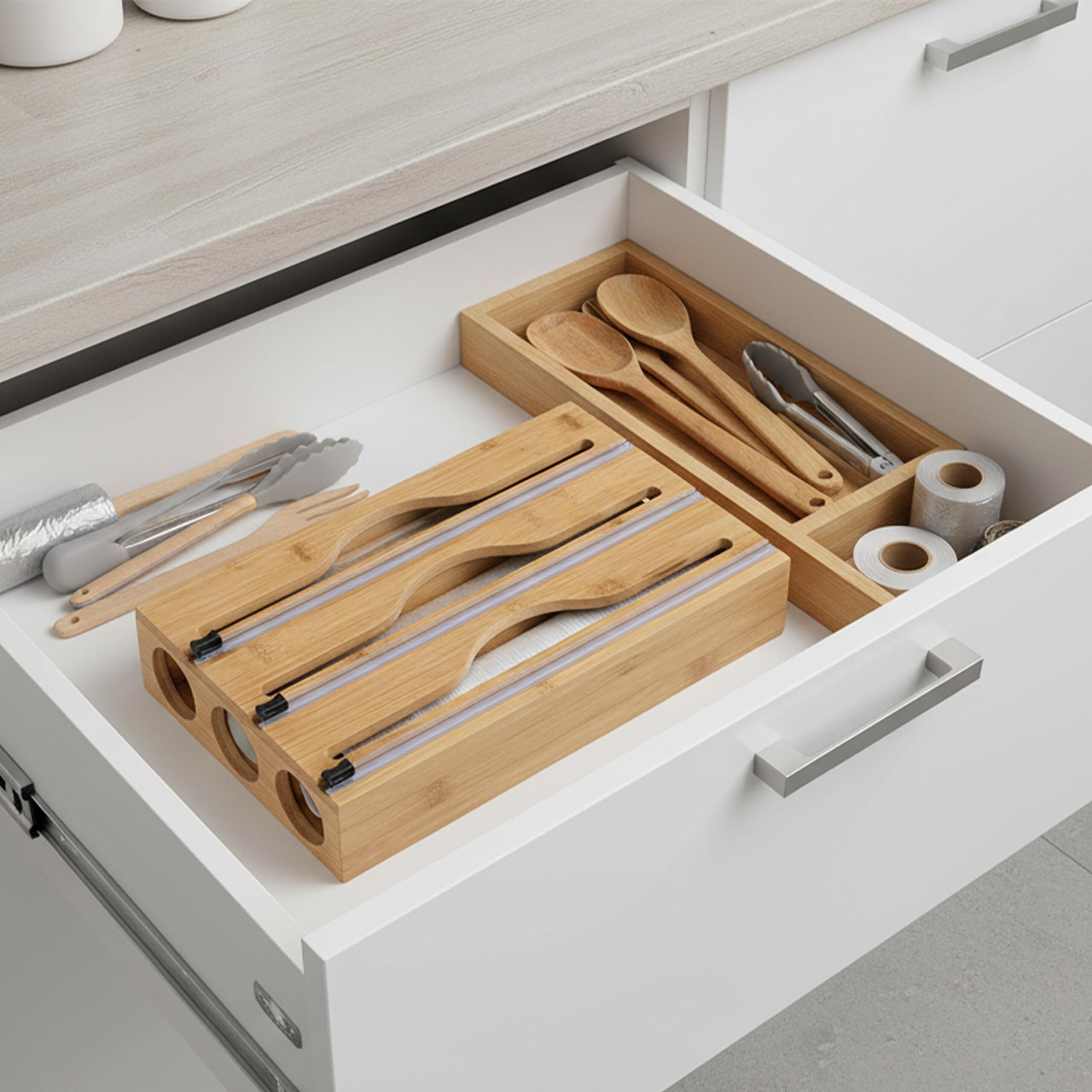 Relaxdays Dispenser per Pellicola, 3 Rotoli, cassetto, bambù, 22 x 33,5 x 7 cm, taglierina Cucina, Naturale