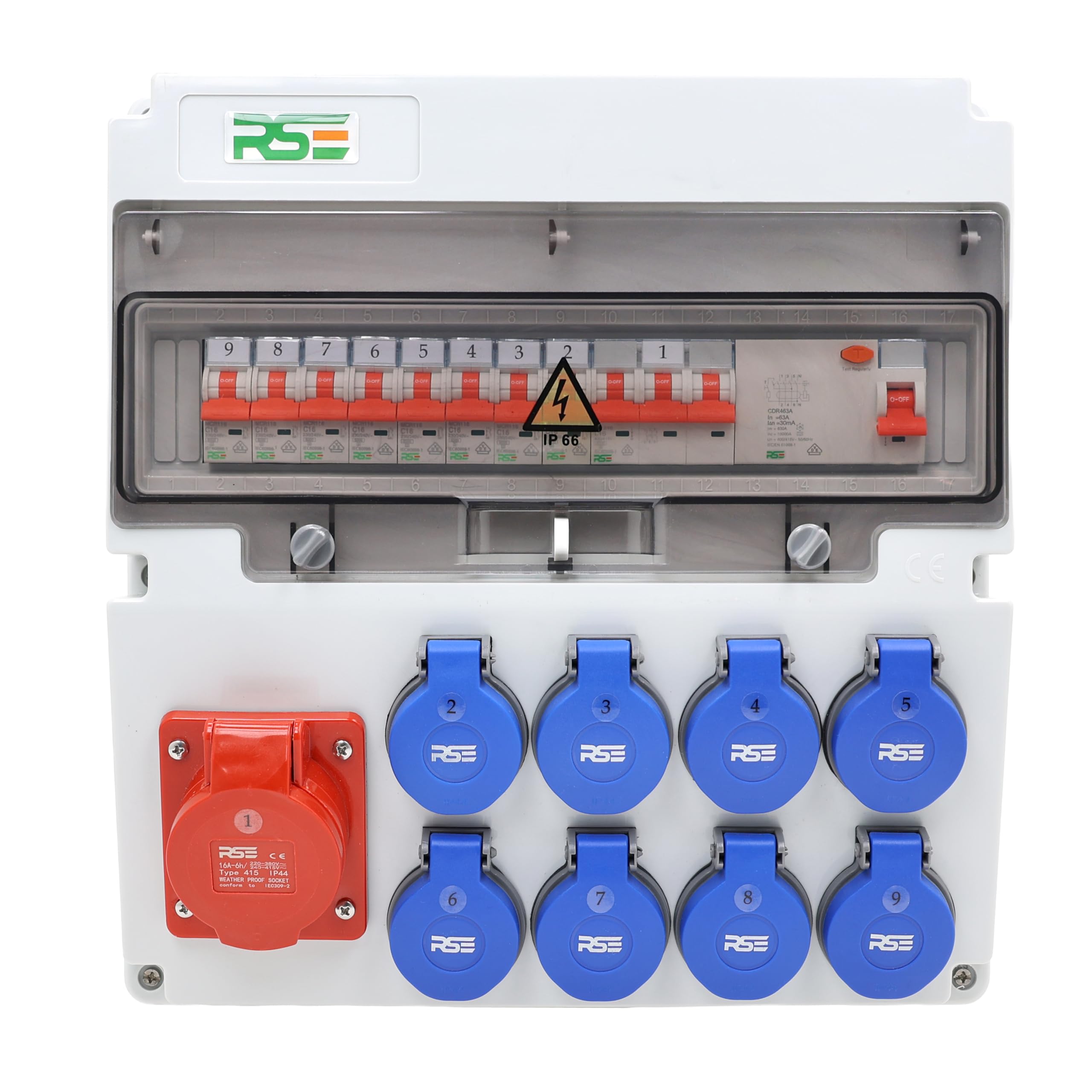 RSE BAUSTROMVERTEILER WANDVERTEILER KOMPLETT VERDRAHTET, VERSCH. VARIANTEN 32A CEE, 16A CEE, 230V ZUR AUSWAHL, IP66 GEHÄUSE, 1X16A, 8X230V, MIT LS+FI