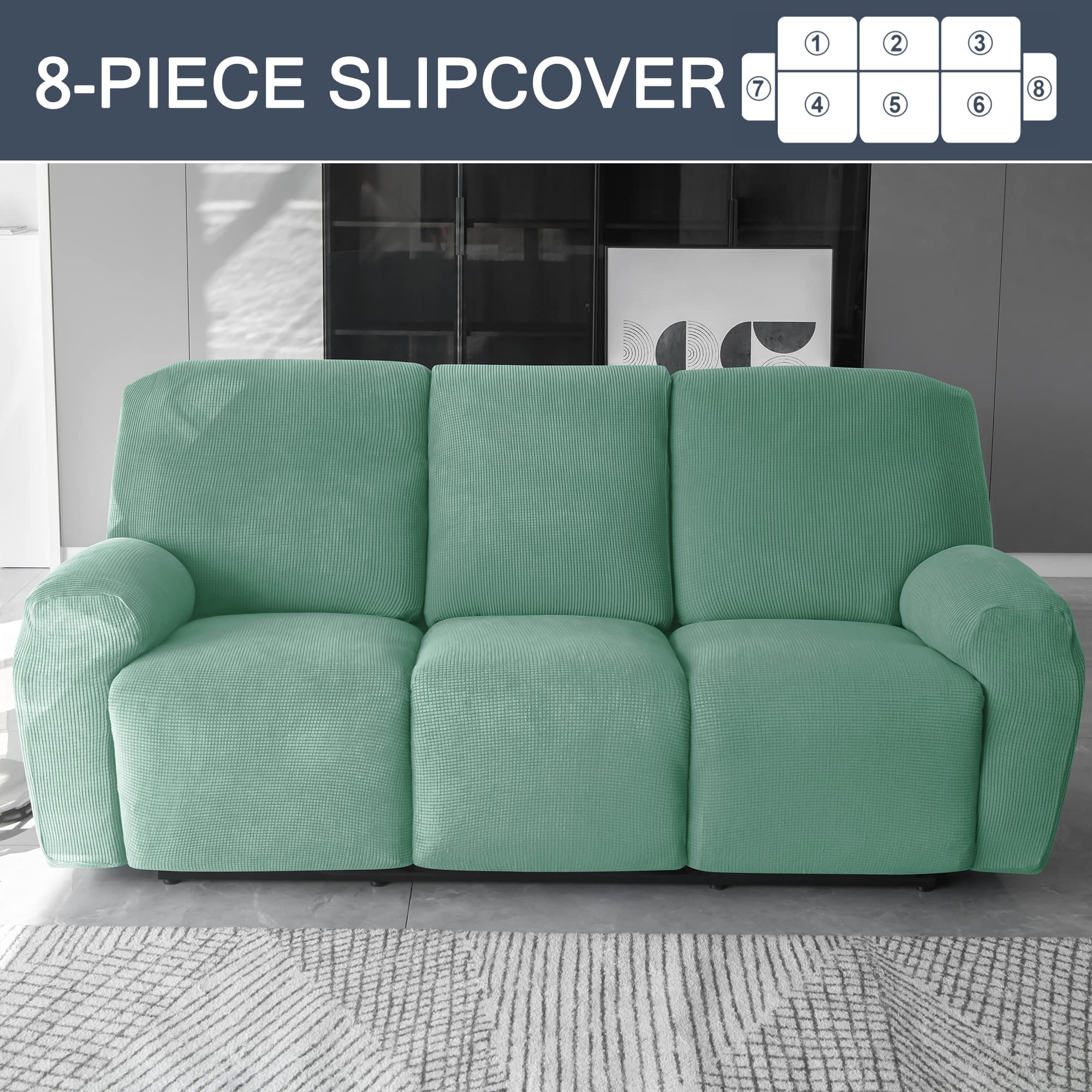 CONRUSER Stretch Recliner Covers, 8 Pieces Recliner Slipcovers Soft Couch Cover for 3 Seater Non Slip Furniture Protector with Pocket (Light green)