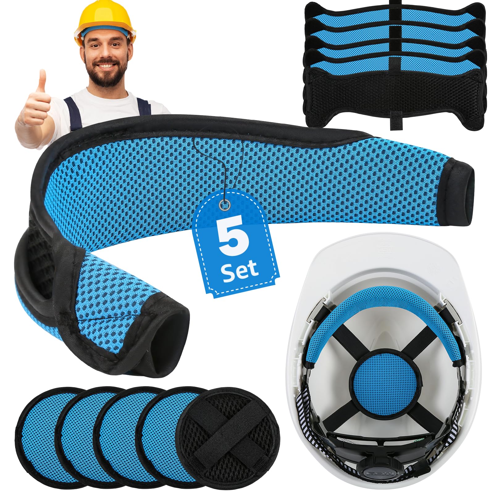5 Set Hard Hat Sweatbands and Top Pads Kit, Hardhat Liner Accessories Blue