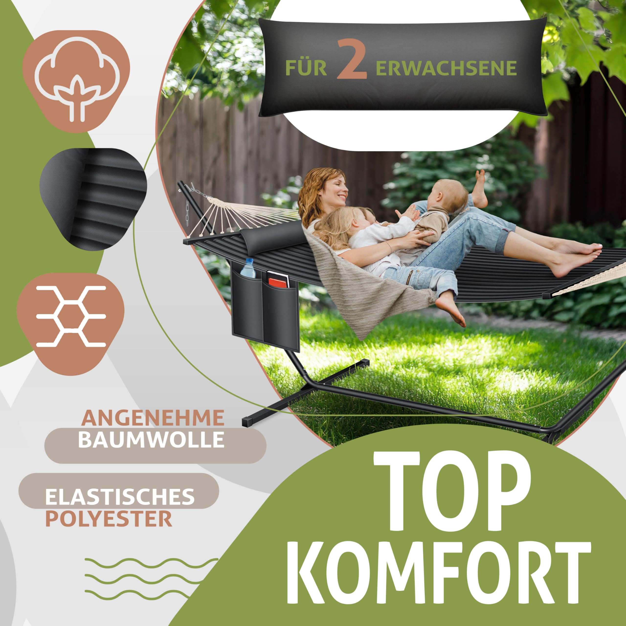 KESSER® Hängematte Hill mit Gestell Kissen Doppelhängematte für 2 Personen-Stabiler Rahmen 200kg Belastbarkeit Indoor & Outdoor XXL Hängesessel Doppel Mehrpersonen Garten Balkon Terrasse, Anthrazit