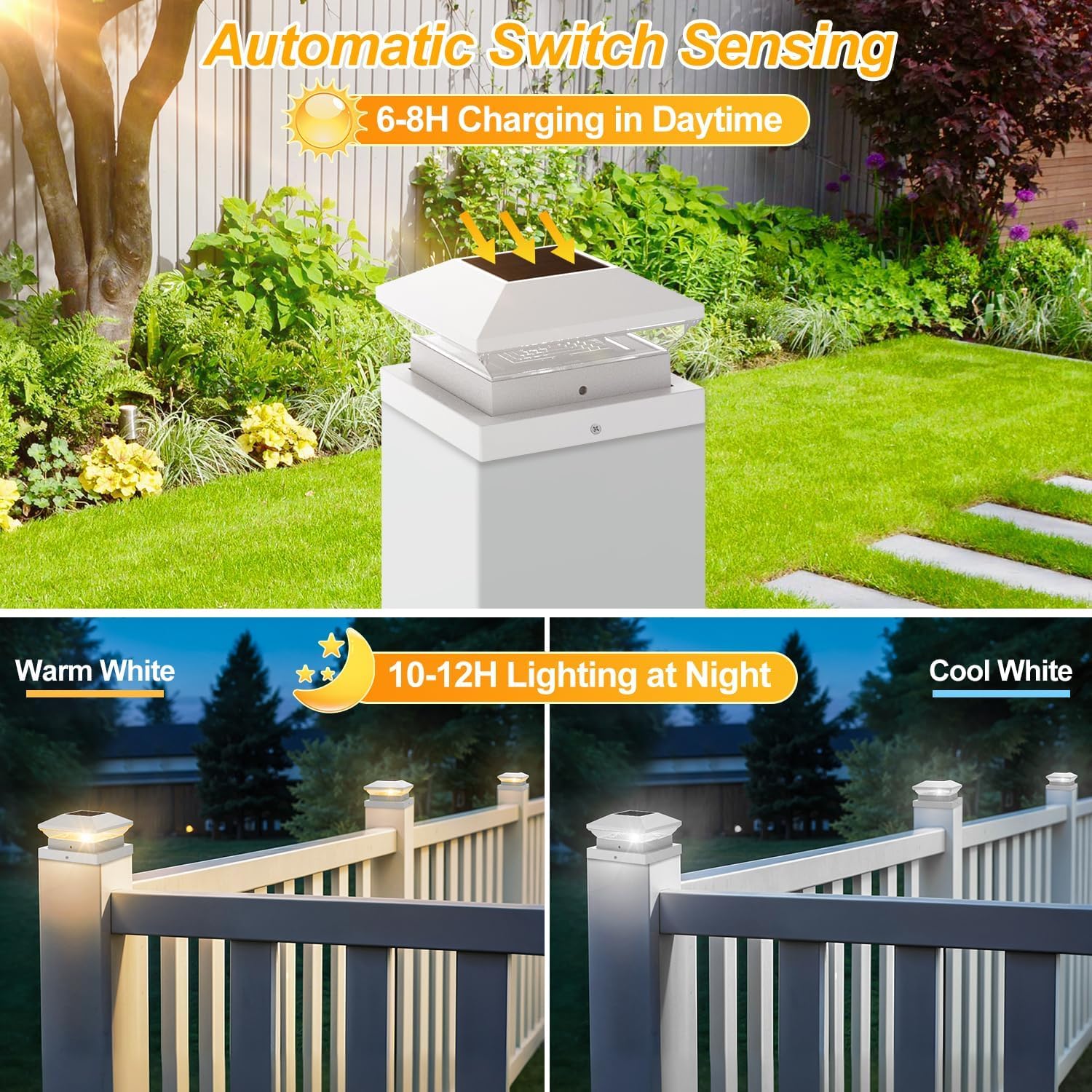 NATPOW Farola Solar de Poste 9x9cm,10x10cm,12x12cm, 4 Piezas 3000K/6000K Luces Solares para Poste, Luz Solar para Postes Exterior IP65 Resistente para Valla, Puerta, Camino de Entrada, Jardin, Blanco