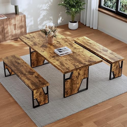 Miniatura 2 de Mesa de comedor de madera de 70.8 pulgadas con 2 bancos, mesa de cocina moderna y sillas para 4-6 personas, mesa de madera MDF gruesa con banco de