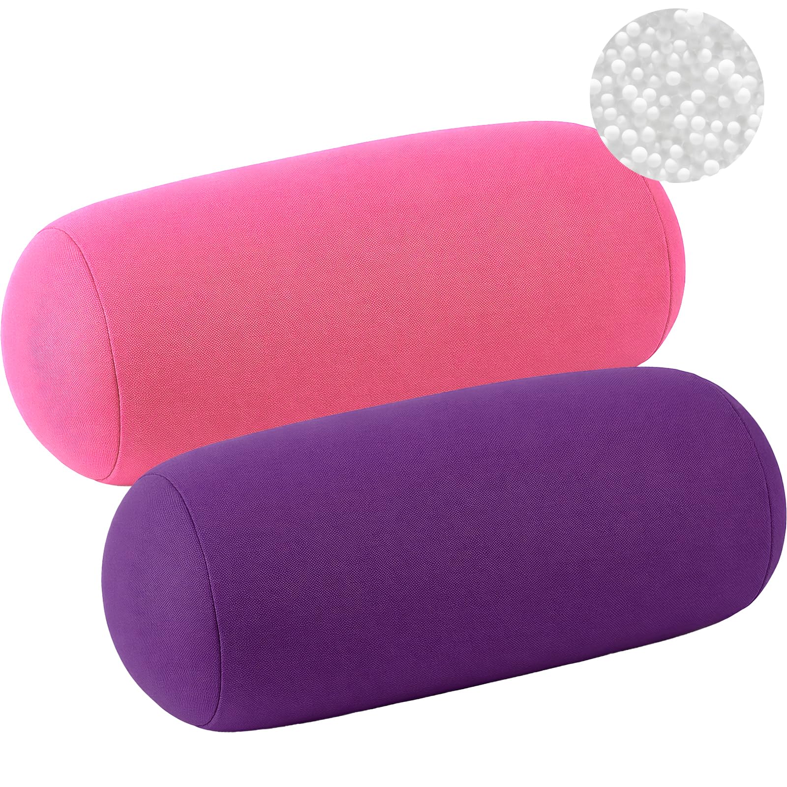 Xaztr 2 Pcs Microbead Roll Pillow, Neck Support Cylindrical Pillow Soft Bolster Micro Bead Pillows for Sleeping Home Travel Neck Head Back Support, 30x16cm (Purple, Pink)