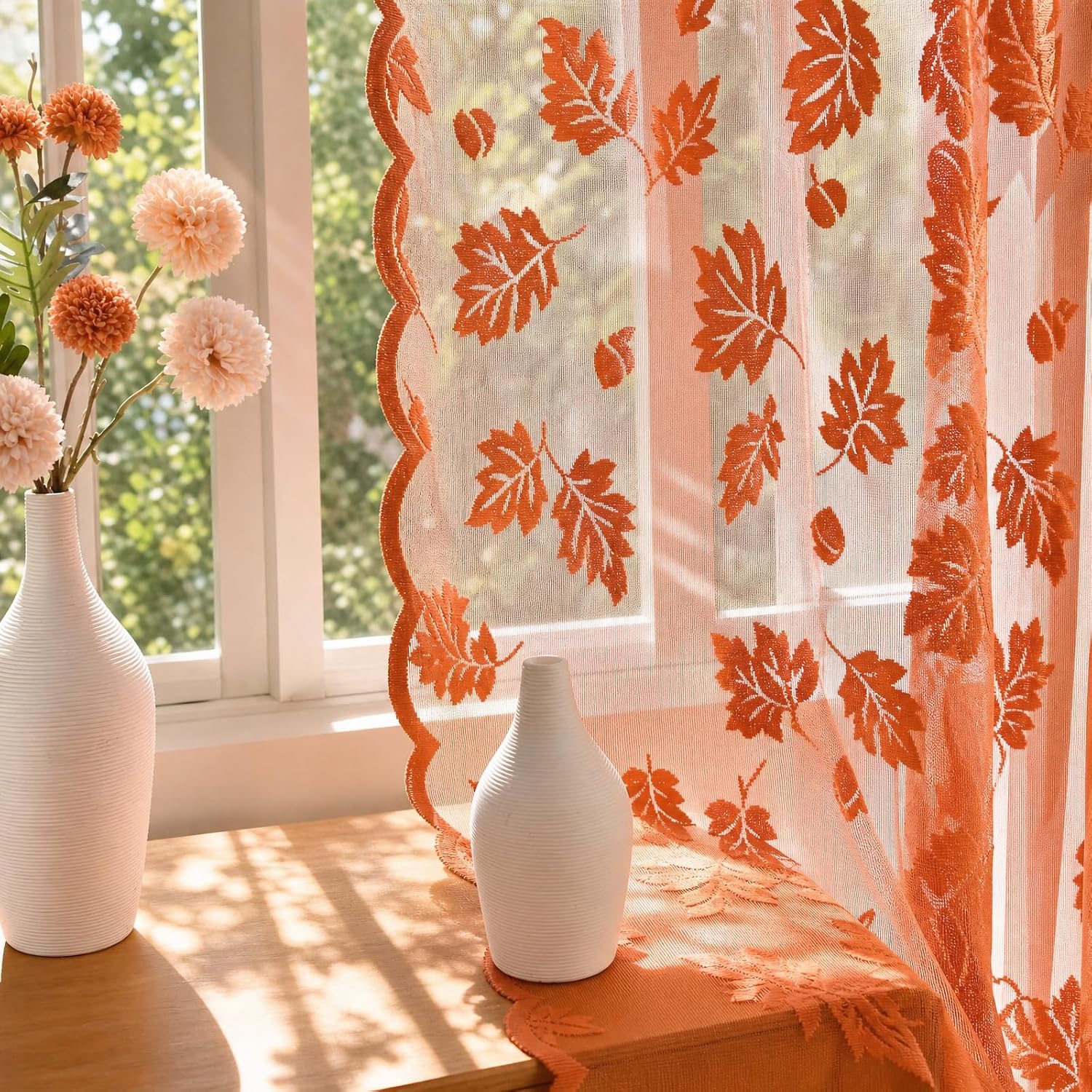 Fall Curtains for Living Room, Orange Sheer Curtains 84 Inches Long