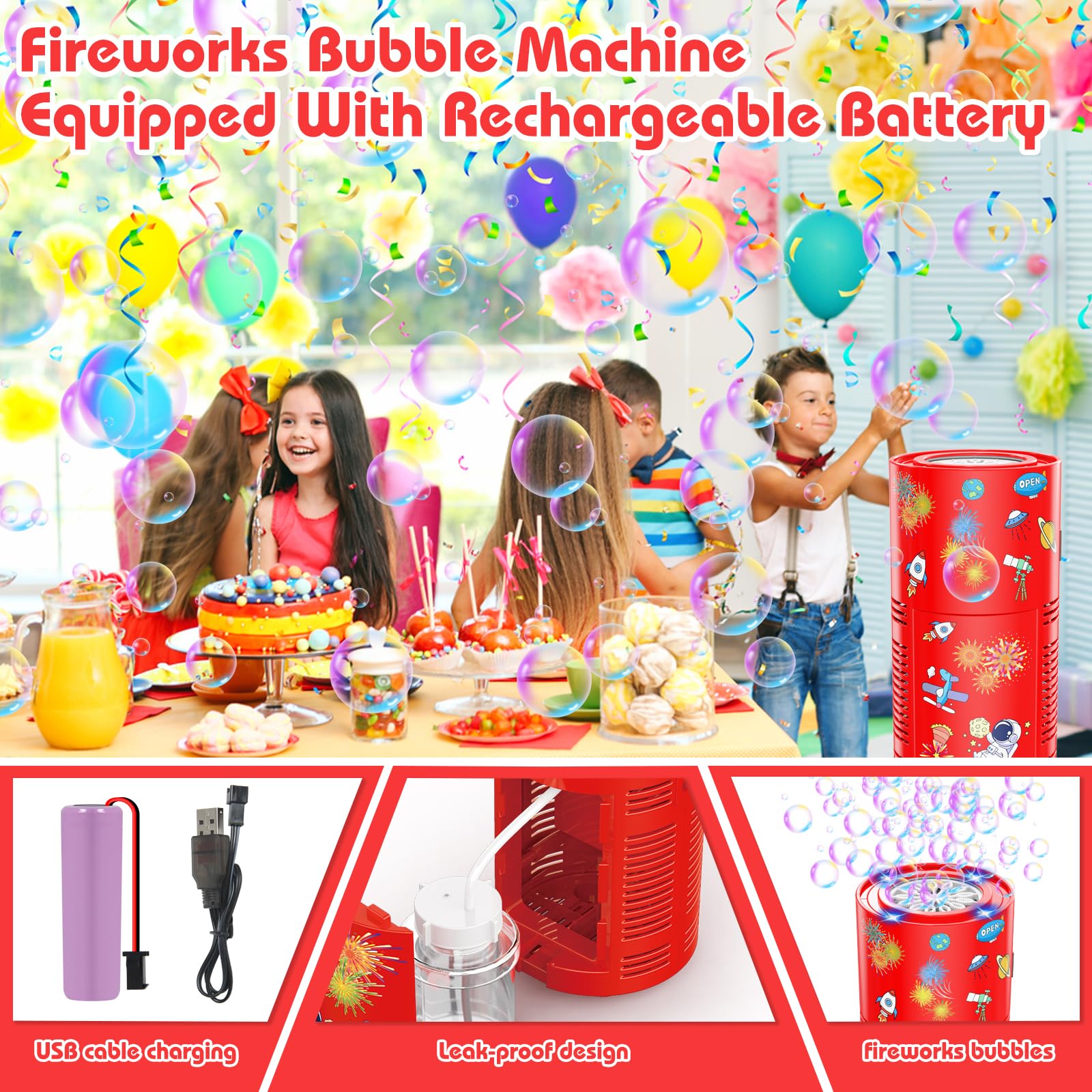 PANACARE Macchina per Bolle Dell'astronauta Macchina per Bolle Fuochi D'rtificio 10000+ Bolle/Luci/Adesivi Fai-Da-Te/Batteria Ricaricabile/ 80 Ml Soluzione per Matrimoni Estivi per Bambini All'aperto