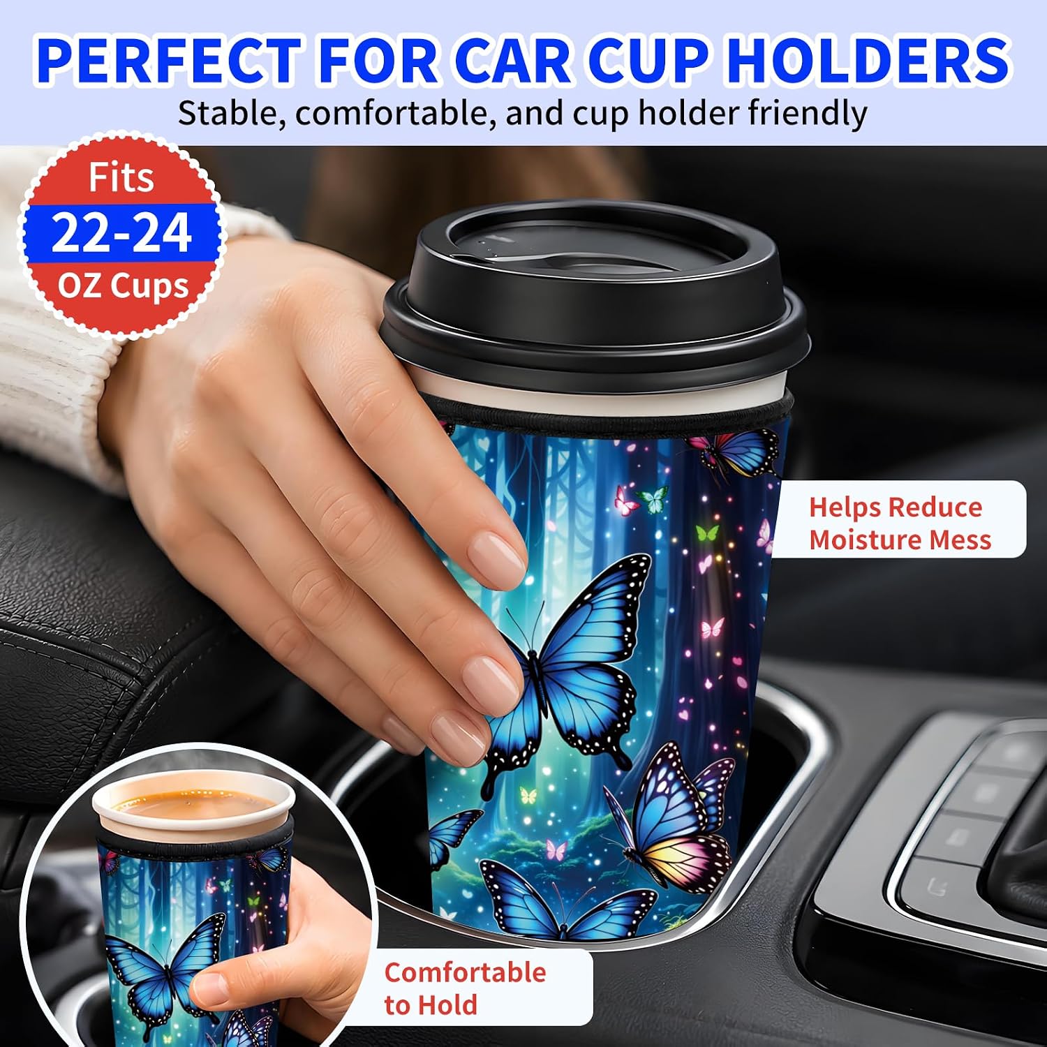 Iced Coffee Sleeve, Reusable Insulated Neoprene Cup Sleeve for 22-28 oz Cups, Washable Coffee Cup Sleeve for Cold Drinks, Boba Tea, Smoothies, Hot and Iced Beverages Blue Butterfly Forest
