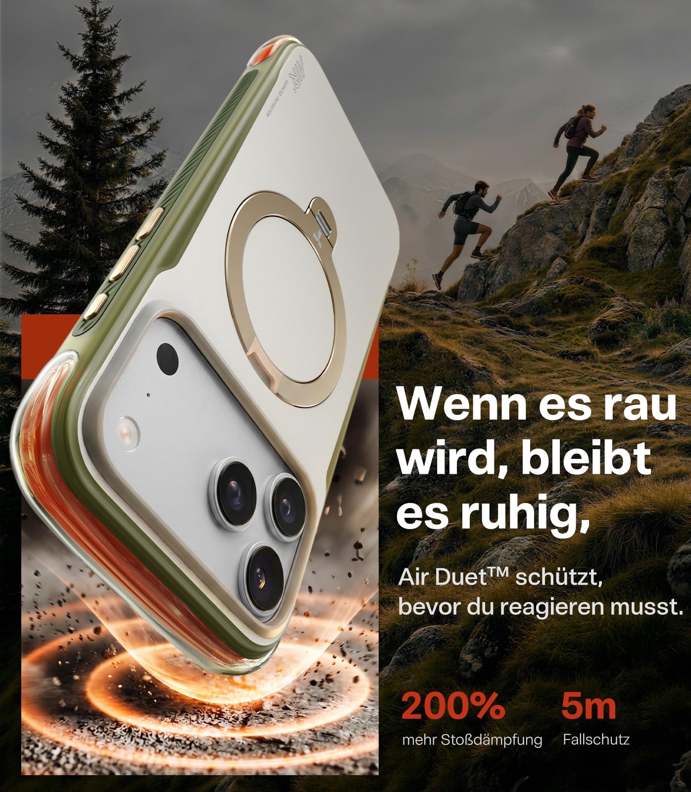 TORRAS Ostand Q3 Air Pro für iPhone 17 Pro Max Hülle, Air² Pro Schutzsystem mit doppelter Airbag-Struktur, 360° Aluminium-Ständer mit MagSafe, Mattes Anti-Fingerprint Design, Alpine Frost